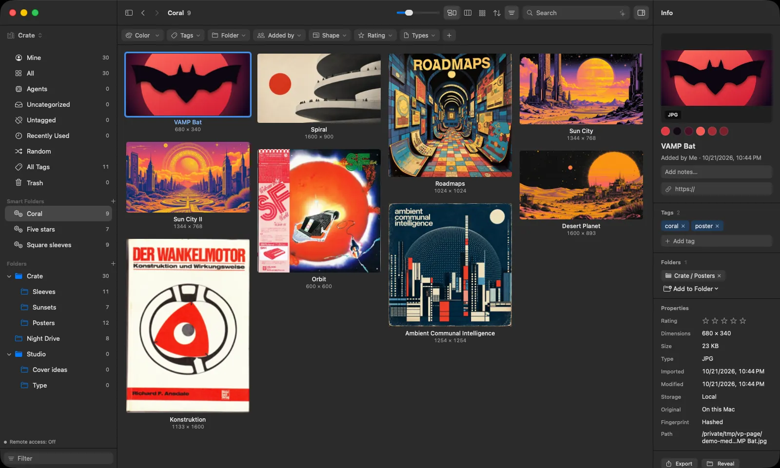 Vampire on Mac: a library of posters and record sleeves in a grid, folders and smart folders on the left, an info panel on the right